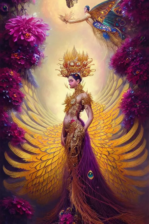 Prompt: ultradetailed portrait of an empress of celestial beauty! with large wings of protecton, a grand golden throne, beautiful flowers and butterflies, crown made of peacock feathers by greg rutkowski, karol bak and peter mohrbacher, volumetric lighting, magical realism, celestial, goddess, empress.