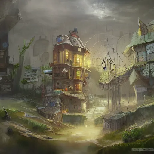 Image similar to a tiny miniscule town living on the thread of a spiders web, fantasy concept art, trending on art station, stunning visuals, creative, cinematic, ultra detailed