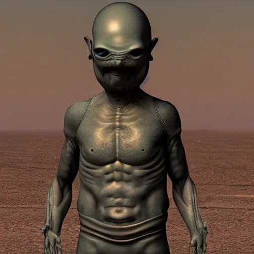 Image similar to a sad Roswell grey alien trying to repair his crashed burning spacecraft in the desert, a hologram by Alan Bean, featured on zbrush central, hurufiyya, zbrush, polycount, airbrush art