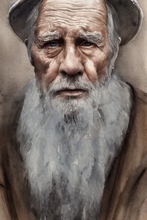 Prompt: a portrait of an old man with a solemn look and deep expression in his eyes, watercolor painting, highly detailed, strong lighting, cinematic, HD, 4K