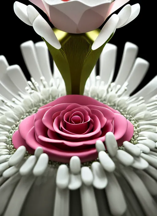 Image similar to perfume bottle standing in white enchanted coral garden of daisies, roses in an ivory room well contoured smooth fair walls, up close shot, sharp focus, global illumination, radiant light, alexandre ferra white mecha, irakli nadar, octane highly render, 4 k, ultra hd,