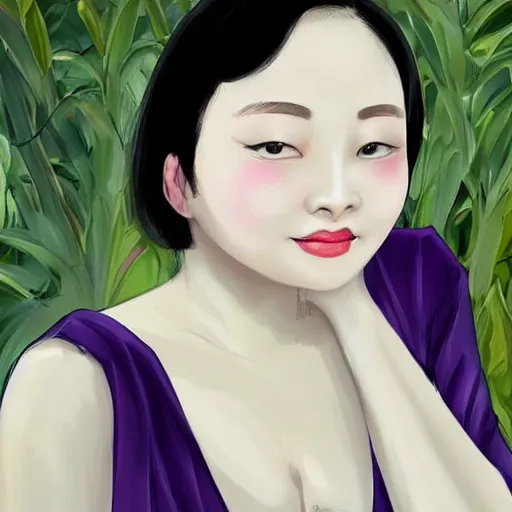 Image similar to zi di had a head of curvy black hair, and her pale skin glistened with sweat, giving her a delicate appearance. her features were defined, and she had a beautiful smile beyond the ordinary. the most attractive part of her was her big, purple eyes, shining like clear amethyst.