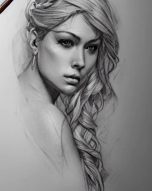 Image similar to tattoo sketch of beautiful greek goddess aphrodite, bow and arrow, beautiful piercing eyes, flowing blonde hair, realistic face, hyper realistic, in the style of greg rutkowski, fantasy, amazing detail, epic, intricate, elegant, smooth, sharp focus