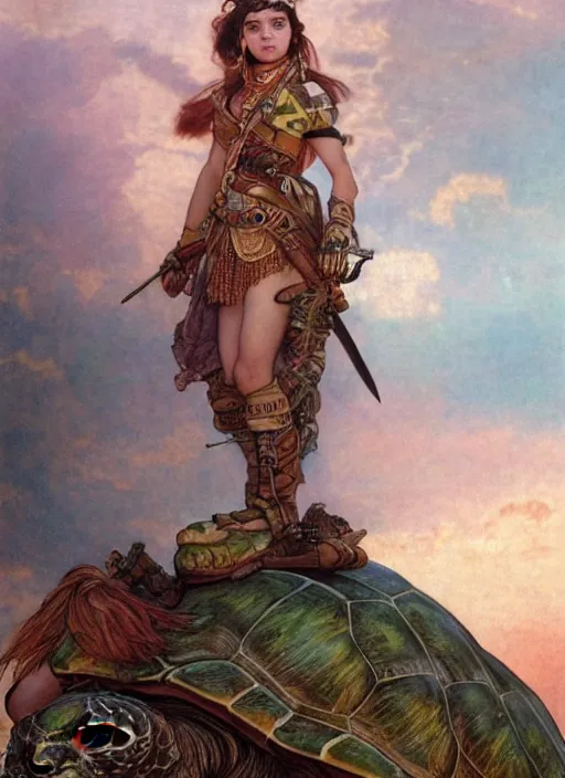 Image similar to a little warrior girl standing on top of one giant turtle in the desert. the girl has dark skin and beautiful green eyes, realistic full body and a very beautiful detailed symmetrical face with long black hair. diffuse light, dramatic sky and landscape, extreme long shot fantasy illustration by mucha