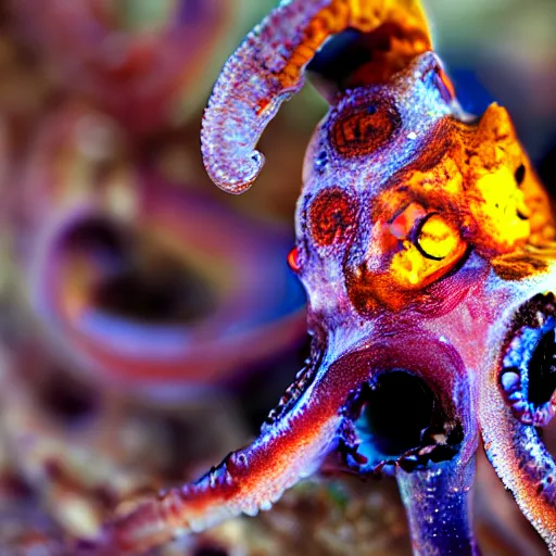 Image similar to fiery whimsical emotional eyes cephalopod, in a photorealistic macro photograph with shallow dof