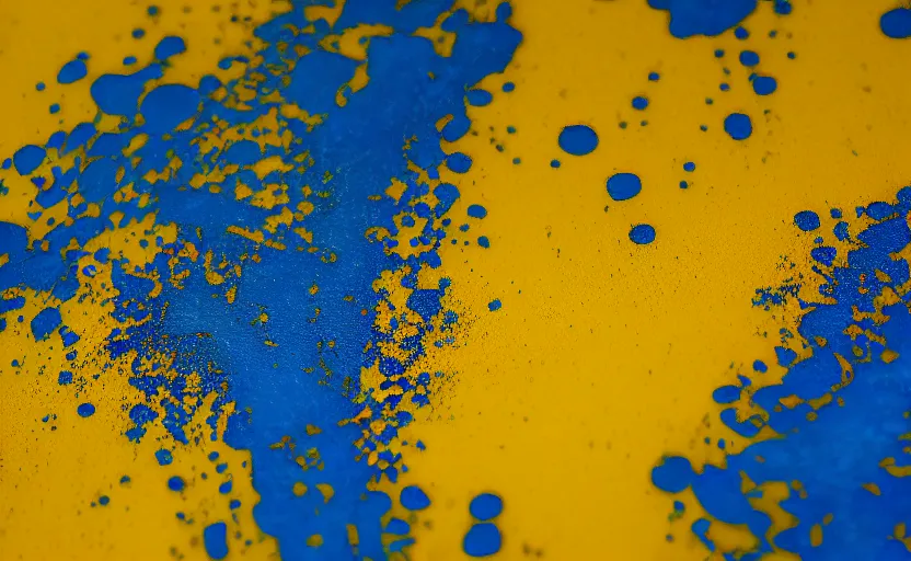 Prompt: blue liquid splatters on a yellow surface, close up, 33mm, 4k