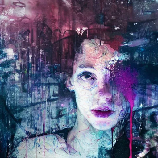 Image similar to glitchart of a young woman lucid dreaming in cyberspace photoreal, atmospheric by jeremy mann francis bacon and agnes cecile, ink drips paint smears digital glitches