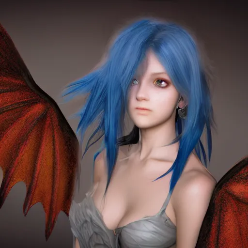 Image similar to portrait of young girl half human half dragon, dragon skin, dragon wings, blue hair, long hair, highly detailed 3D render, 8k, rpg concept art character, jrpg character, manga, anime, video game character, concept art, by Yoshitaka Amano