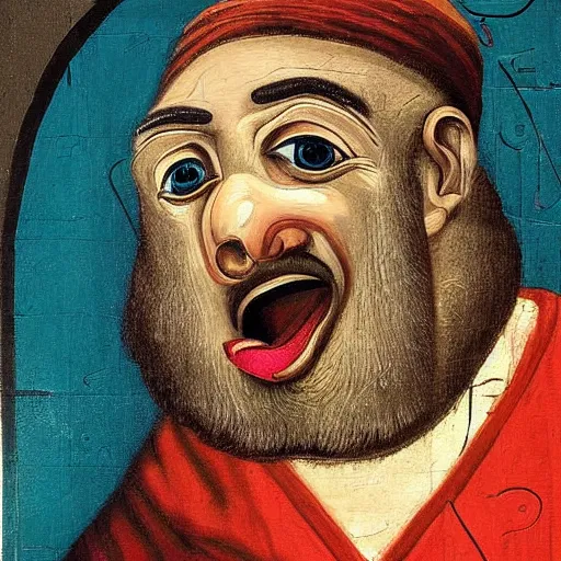 Image similar to portrait of ancient silly greek man with big eyes and sharp nose and open mouth. fine detail. artistic painting by lurid