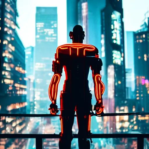 Image similar to a cyborg man, half robot, neon cyberpunk city in the background, telephoto lens, low focal point,