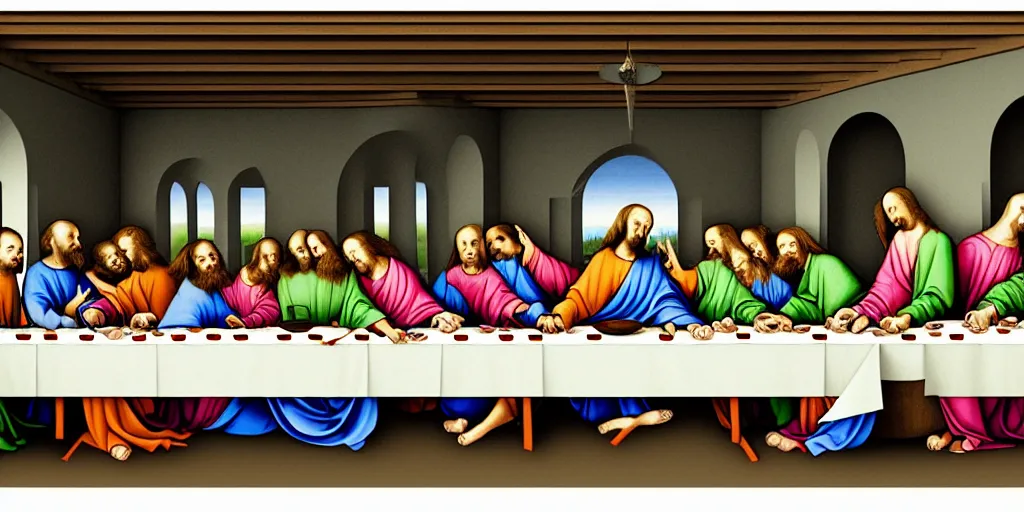 Image similar to multilayer last supper full color gradient pattern of escher style 3 6 0 panorama with hieronymus bosch style bubbles, unfinished, very detailed