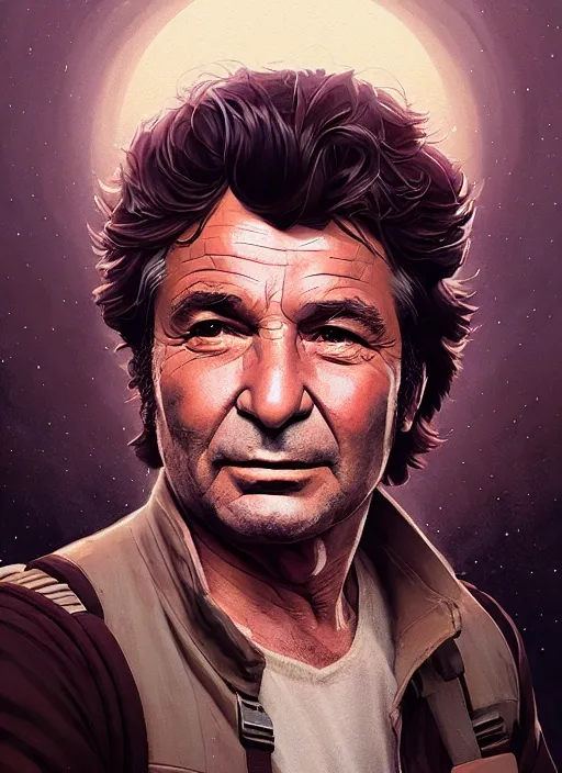 Image similar to highly detailed portrait of peter falk as han solo, unreal engine, fantasy art by by simon bisley, loish, rhads, ferdinand knab, makoto shinkai and lois van baarle, ilya kuvshinov, rossdraws, tom bagshaw, global illumination, radiant light, detailed and intricate environment