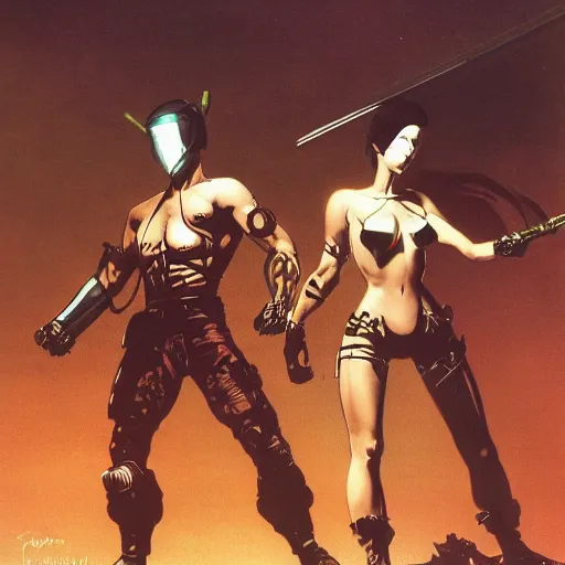 Image similar to An android wielding two katanas in a cyberpunk setting by Frank Frazetta, Trending on Artstation, 1980s computer graphics,