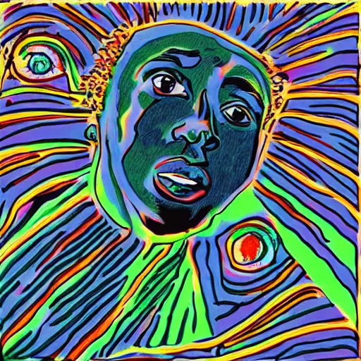 Image similar to miles davis in the style of daniel johnston, 4k