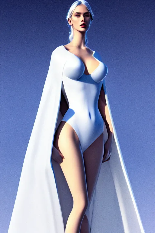Image similar to detailed beautiful noun in opened white gold blue coat, seductive confident pose, attractive feminine curves, intricate details, futuristic, alien, elegant cape, elegant, photorealism, trending on artstation, holy halo, advanced technology, art by moebius and vitaly bulgarov and chanthara