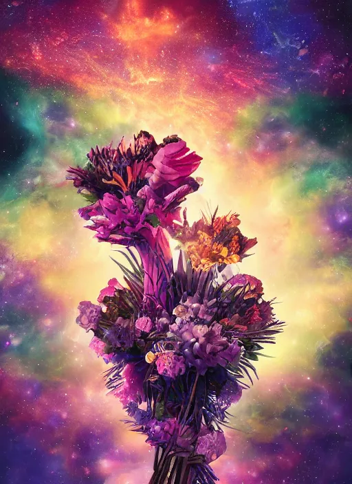 Image similar to An epic fantastic realism comic book style painting of the most beautiful entwined flowers launched across the dark and starry night sky, nebulous bouquets, fisheye lens, unreal 5, DAZ, hyperrealistic, octane render, dynamic lighting
