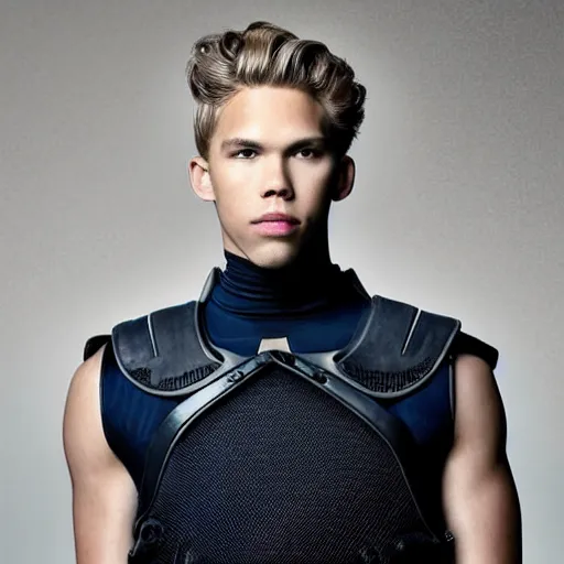 Image similar to medium face shot of adult Austin Butler !!with exposed head!!, dressed in black-prussian blue futuristic-tudoresque clothing with embroidered-Ram-emblem, and nanocarbon-vest, in an arena in Dune 2021, XF IQ4, f/1.4, ISO 200, 1/160s, 8K