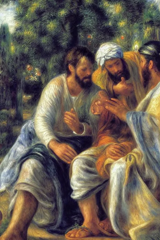 Image similar to christ healing a leper, painting by renoir and young sung kim, masterpiece