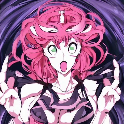 Image similar to stunningly beautiful omnipotent megalomaniacal anime goddess who looks like junko enoshima, symmetrical perfect face smiling in a twisted, mischievous, devious and haughty way while looking down upon the viewer and taking control, mid view from below her feet, hyperdetailed, 2 d, 8 k