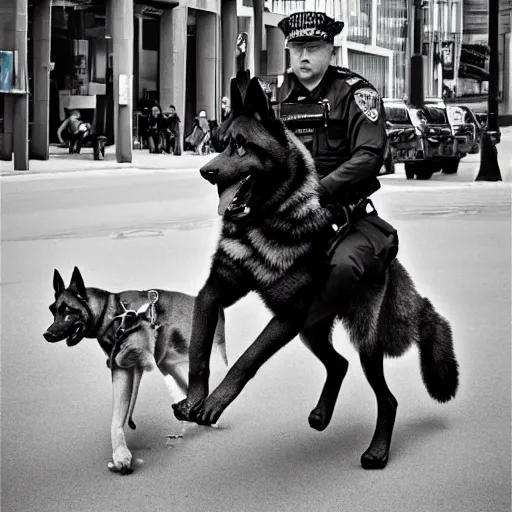 Image similar to police officer riding a giant German shepherd in the city, trending on artstation