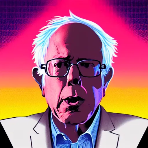 Image similar to bernie sanders shooting a laser beam from his eyes, synthwave