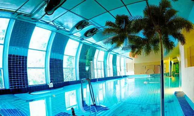 Image similar to indoor pool with ferns and palm trees, pool tubes, chromatic abberation, dramatic lighting, depth of field, Wideangle 80s fisheye photo