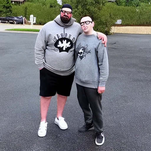 Image similar to Rocco Botte wearing gray sweatshirt and gray sweatpants and black/white Converse Chuck Taylors standing in a T-pose on a suburban residential street