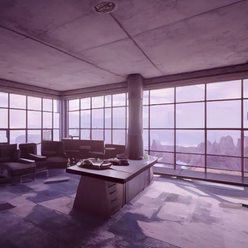 Image similar to Sci fi interior, unreal engine 5 tech demo, zillow interior, cool tint, metallic reflective, octane render, Frank Lloyd Wright ((Studio Ghibli))