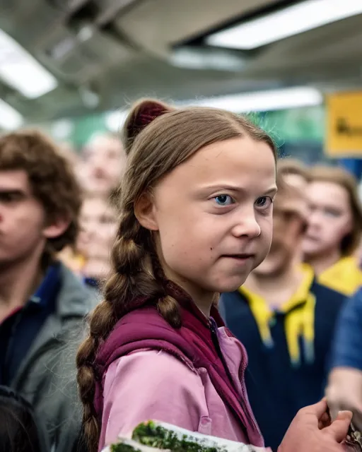 Image similar to film still close - up shot of greta thunberg giving a speech in a crowded train station eating pizza, smiling, the sun is shining. photographic, photography