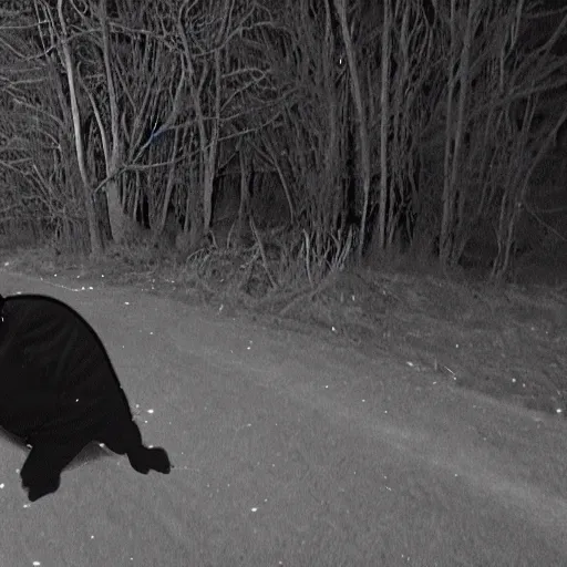 Prompt: creepy night vision trail cam footage of a morbidly obese Donald Trump