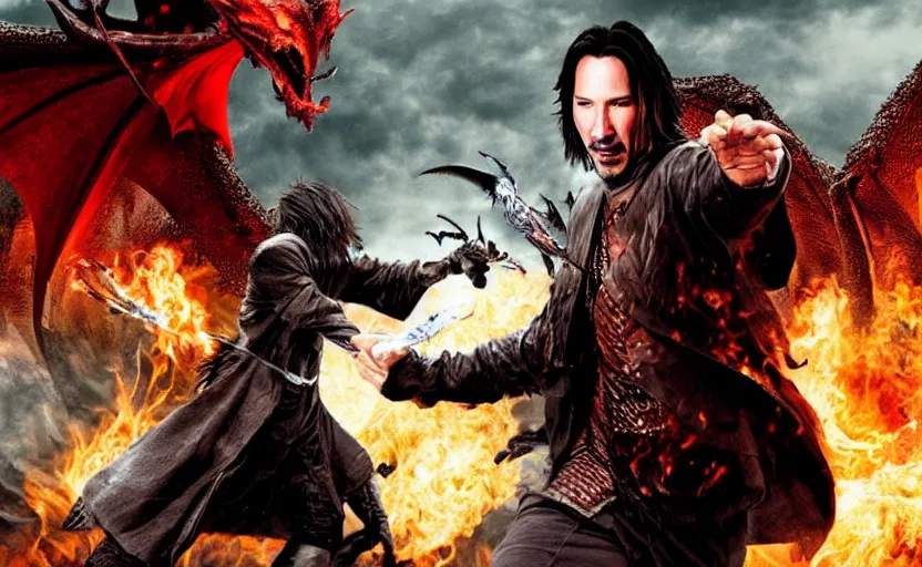 Image similar to wizard keanu reeves fighting a dragon on a fantasy battlefield