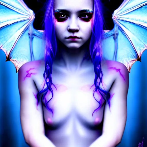 Image similar to The dragon girl portrait, portrait of young girl half dragon half human, dragon girl, dragon skin, dragon eyes, dragon crown, blue hair, long hair, highly detailed, cinematic lighting, Matte painting by David Lynch