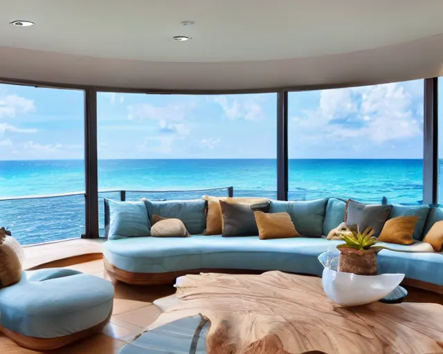 Prompt: A modern living room in a ocean hues style next to a big terrace overlooking the ocean, a luxurious wooden coffee table with large seashells on top in the center, amazing detail, 8k resolution, inspired by the ocean, calm, relaxed style, harmony, wide angle shot