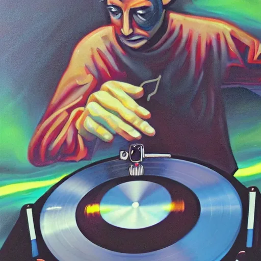 Image similar to painting of the devil as a dj with hand on record spinning