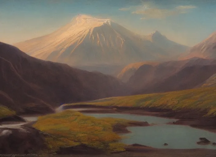 Image similar to vatnajokull national park, iceland in the style of hudson river school of art, oil on canvas