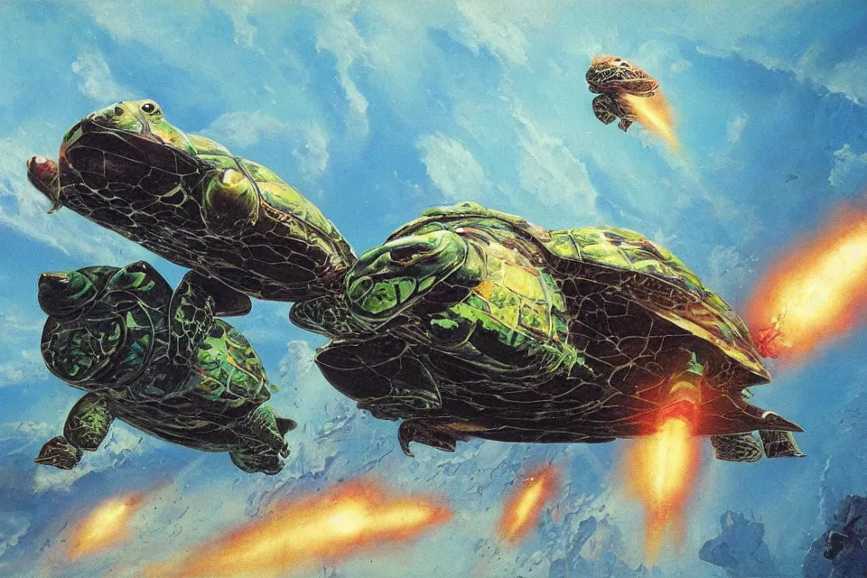 Image similar to an epic chris foss painting of a biological turtle spaceship.