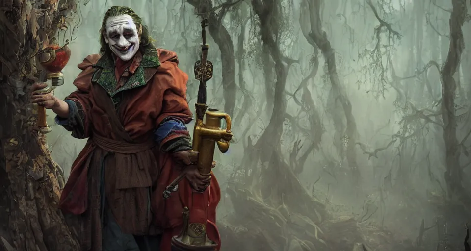 Image similar to robert de niro as medieval joker, crazy colorful clothing with a heavy golden mace in his left hand and a beer jug in his right hand, full body portrait with high detailled face, symmetrical face, intricate details, wandering through a forbidden forest, trending on artstation, 8k hyperrealistic, style of peter mohrbacher, octane render, unreal engine