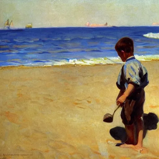 Prompt: A boy plays in the sand by the sea, painting by Joaquin Sorolla