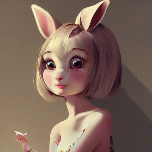 Image similar to little bunny girl in pajama. digital artwork made by ilya kuvshinov, inspired by zootopia and balthus, highly detailed, realistic,