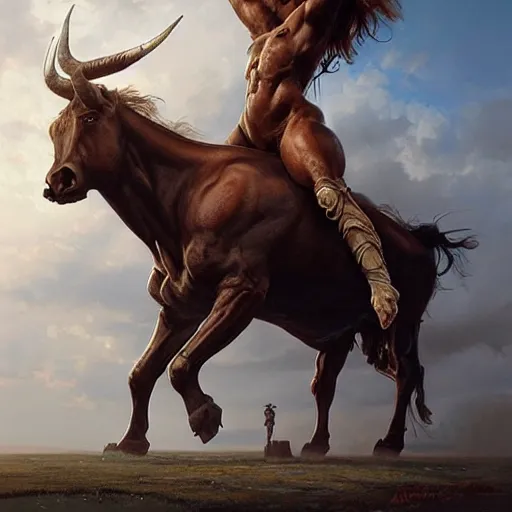 Image similar to a 40 foot tall centaur with a bull's head, nightmare fuel, highly detailed, digital painting, artstation, concept art, sharp focus, illustration, cinematic lighting, art by artgerm and greg rutkowski and alphonse mucha