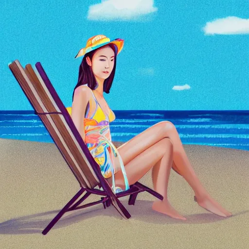 Image similar to a portrait of a young asiatic lady on a beach chair , highly perfect face, hot summertime hippie, sparky swimsuit , calm sea and beach background , sunny day, perfecly detailed, realistic portrait, perfect design, natural light