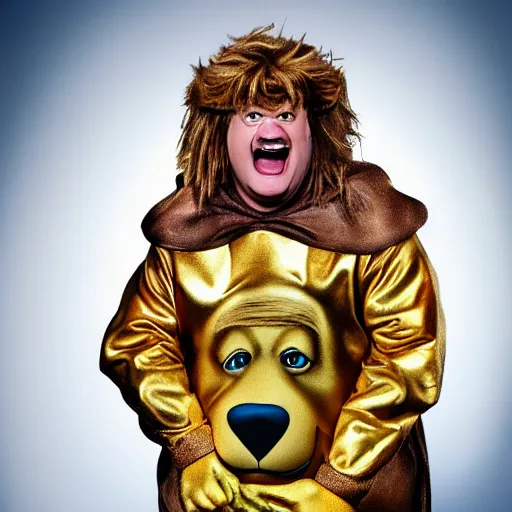 Image similar to snl chris farley as the cowardly lion of oz, studio poster photography, trending on artstation, featured on deviantart, award winning costume