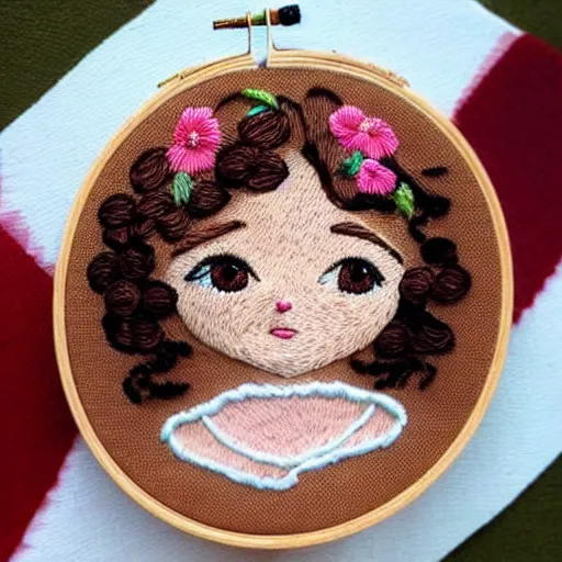 Image similar to a tiny beautiful handmade embroidery of a little girl with brown curly hair. hand embroidery.