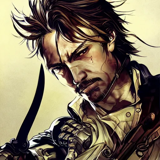 Prompt: portrait of a hero holding his sword in front of his face by yoji shinkawa, high quality, extra details, realism, ornate, colored, golden chain, blood, white skin, short hair, brown eyes, vivid, sunlight, dynamic, american man, freedom, heroism