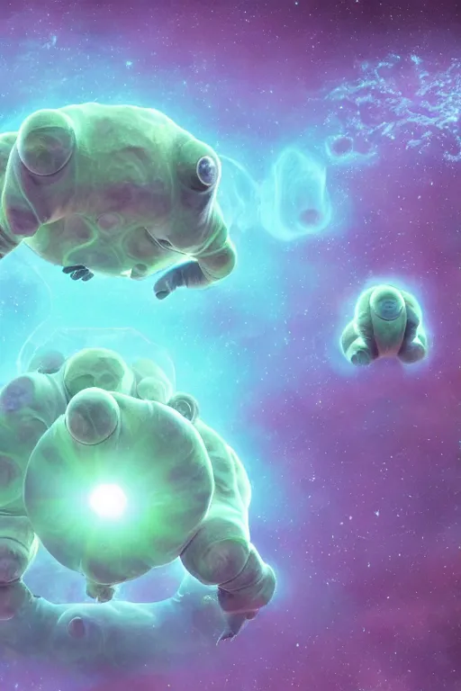 Image similar to tardigrades!!! symmetry!! a dream of a surreal alien landscape, no gravity, full of tardigrades, diffused light, surreal environmental color, crystal formations not responding to the laws of physics, ray tracing, beautiful rays of light in the cosmic dust, color aberration 4 k