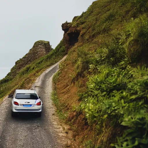 Prompt: moving car, on a cliff, tropical location, at night, passenger door open, person falling out of car, gravel road