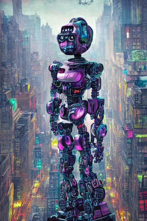 Prompt: the infinite arts of the dream robots taking over new york by mia brownell, very detailed, maximalism, ambient occlusion, volumetric light, atmospheric haze, hyper realism, futuristic but colorful shading, cinematic composition, realistic render, photography, wide shot