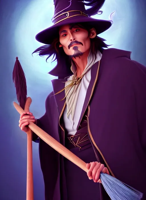 Image similar to elegant fantasy wizard based on johnny depp holding a broom natural lighting, path traced, highly detailed, high quality, digital painting, by don bluth and ross tran and studio ghibli and alphonse mucha, artgerm