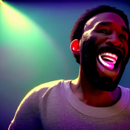 Image similar to a black man singing with all teeth shown ultra realistic, lens flare, atmosphere, glow, detailed, intricate, full of colour, cinematic lighting, trending on artstation, 4 k, hyperrealistic, focused, extreme details, unreal engine 5, cinematic, masterpiece, ultra realistic, hyper realistic, highly detailed, sharp focus, digital art