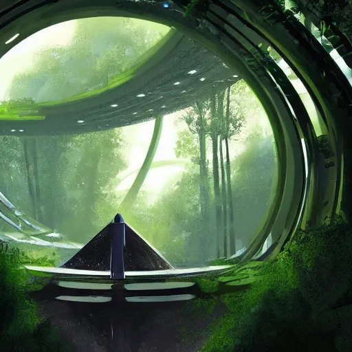 Prompt: portal in a middle of a lush futuristic forest, alien world seen through a portal, person in a cloak standing in front of a portal, syd mead, john harris